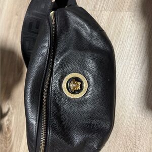 Versace Black Leather Belt Bag with Gold Accent
